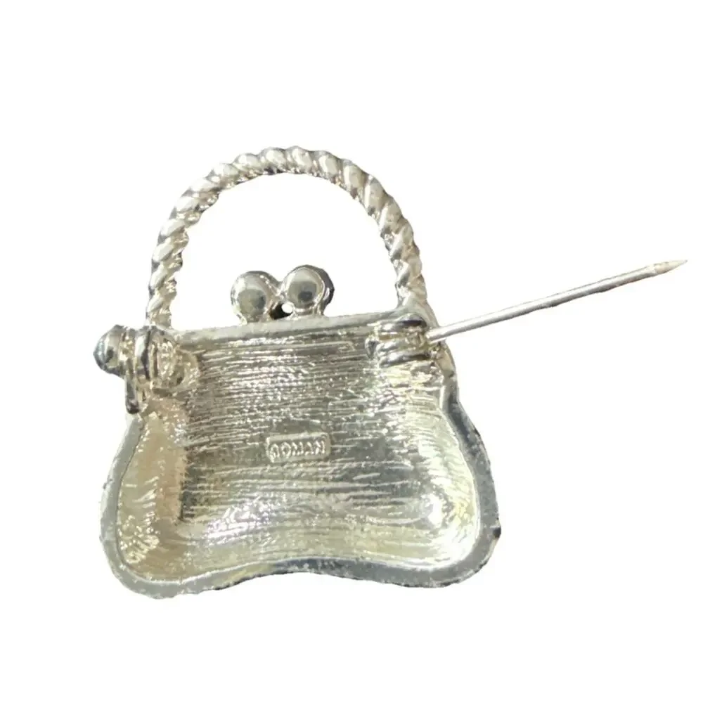 Vtg Roman Handbag Brooch Pin Silver Tone Rhinestone Jeweled Pink Flowers